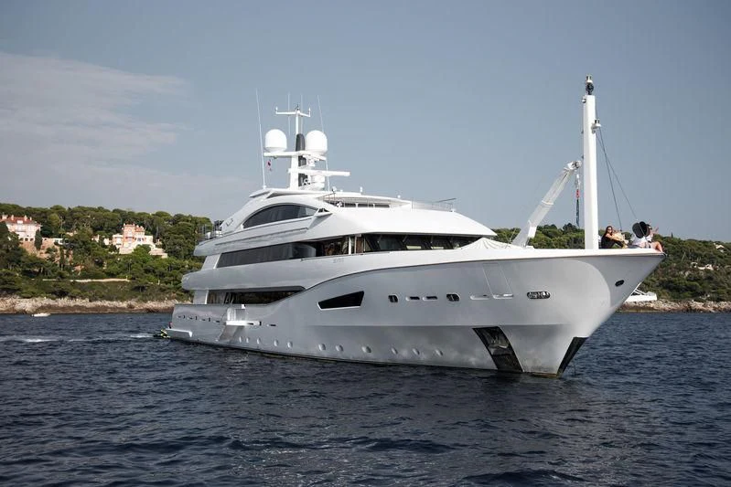 a white yacht on the water aboard BEATRIX Yacht for Sale