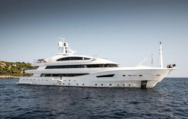 a white yacht on the water aboard BEATRIX Yacht for Sale