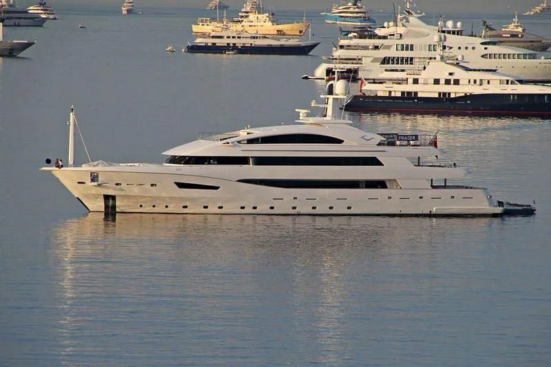 a white yacht in the water aboard BEATRIX Yacht for Sale