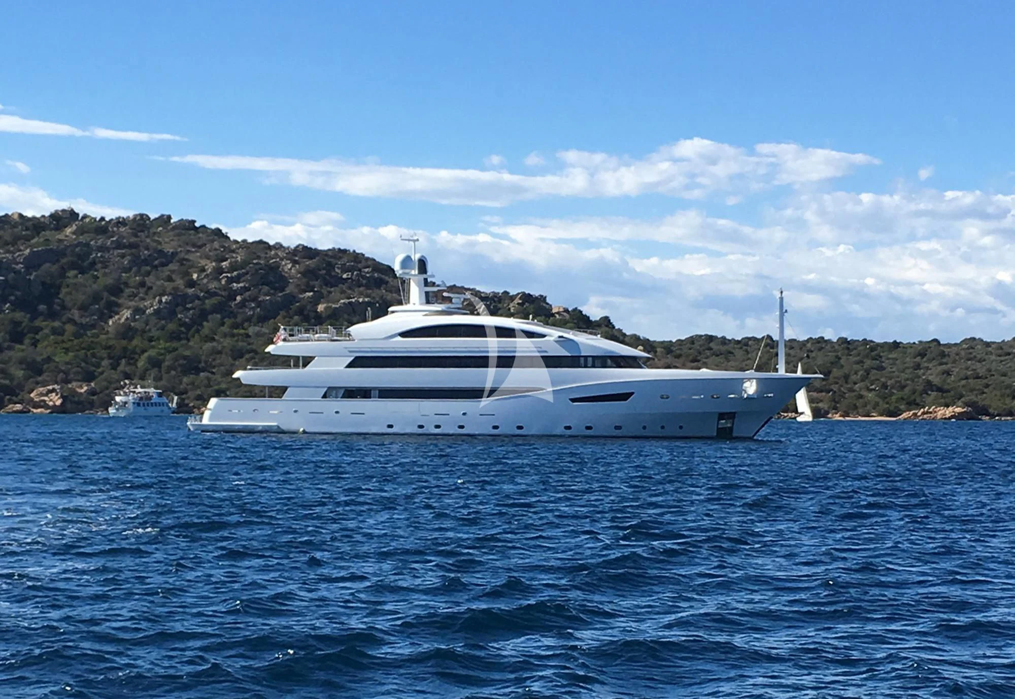 a white yacht in the water aboard BEATRIX Yacht for Sale