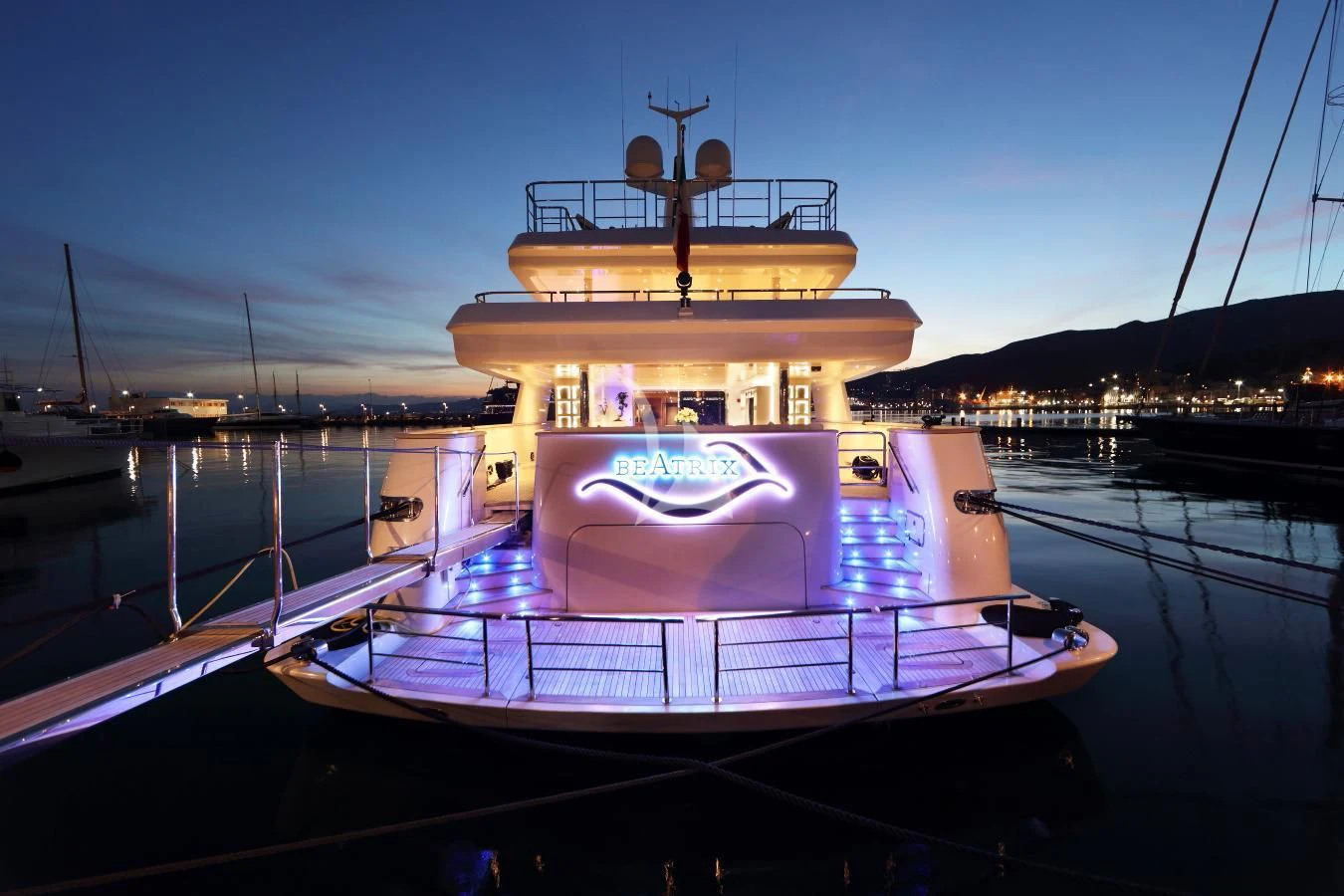 a large ship at night aboard BEATRIX Yacht for Sale