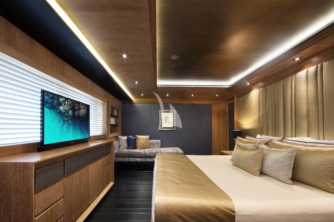 a room with a bed and a tv aboard BEATRIX Yacht for Sale