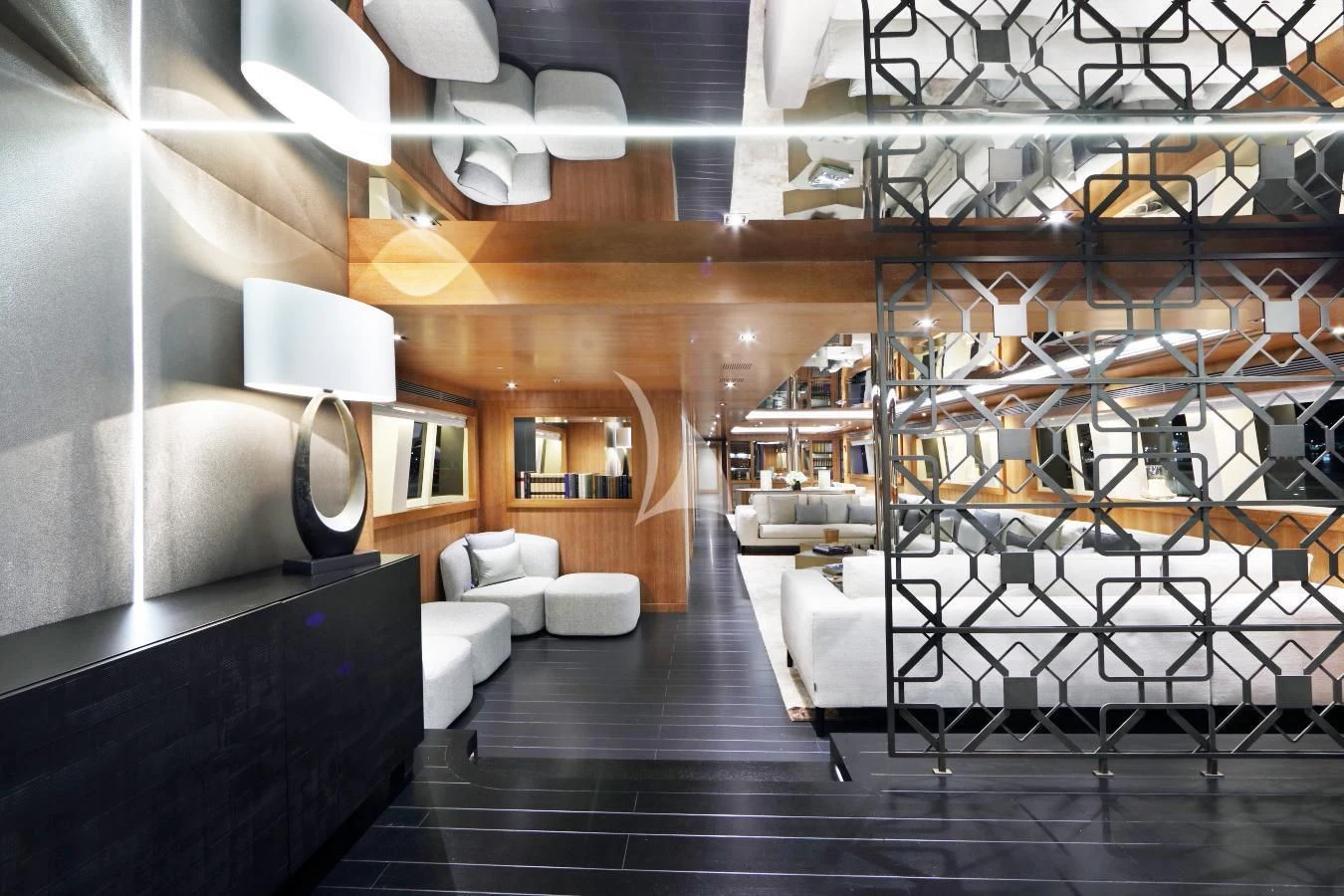 a room with a large mirror and a bed aboard BEATRIX Yacht for Sale