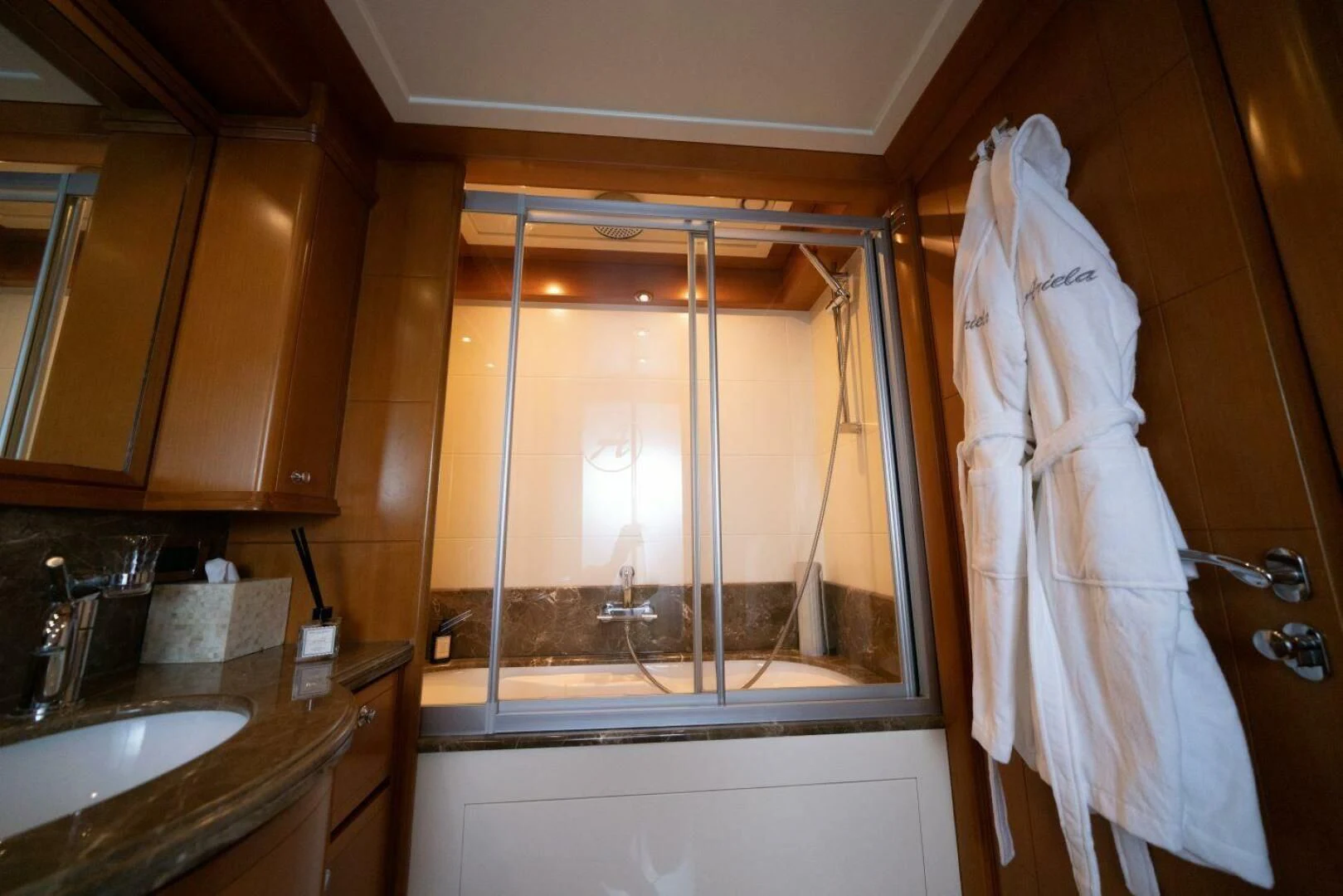 a towel on a window aboard ARIELA Yacht for Sale