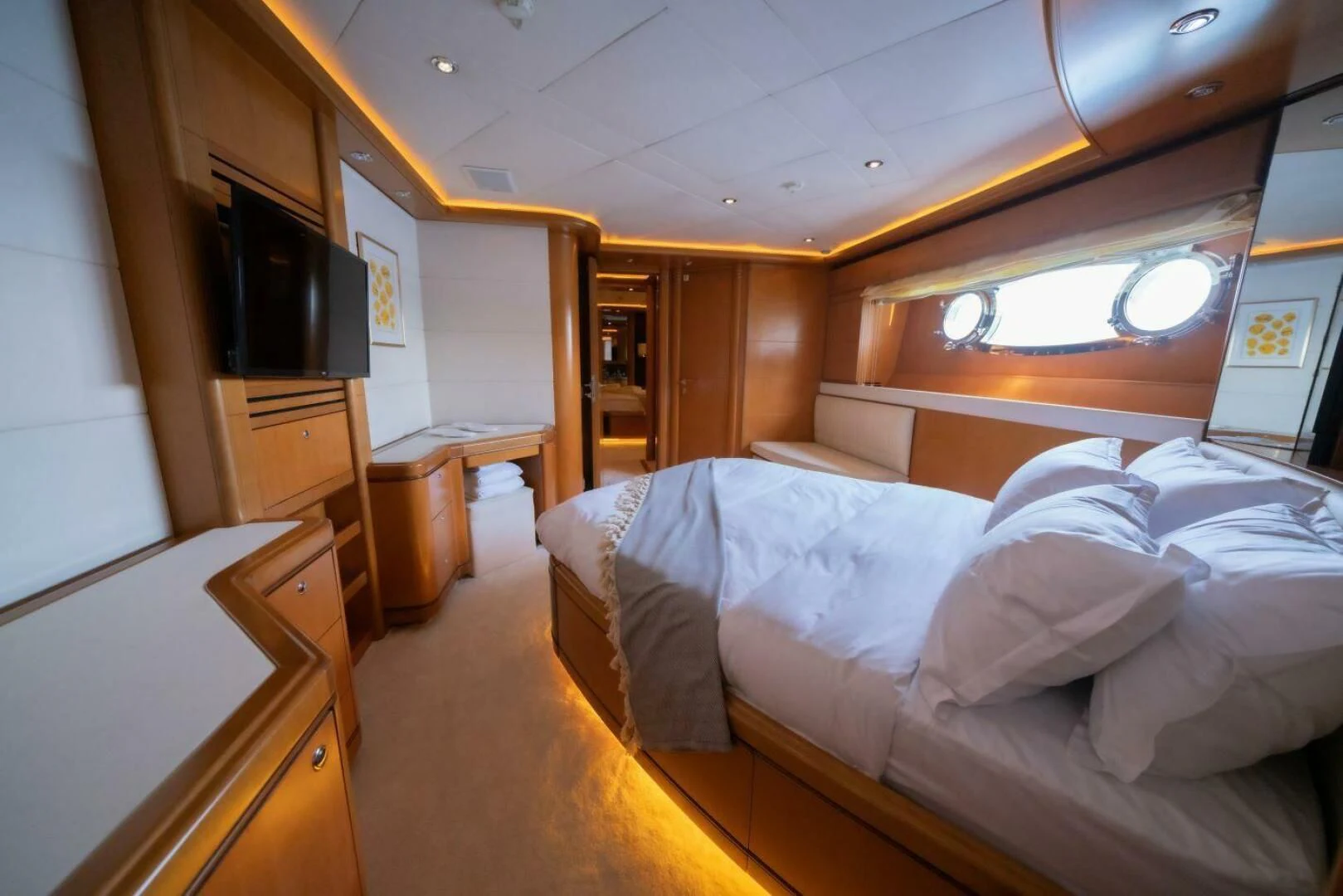 a room with two beds aboard ARIELA Yacht for Sale