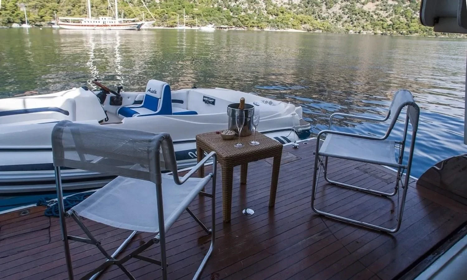 a boat on a deck aboard ARIELA Yacht for Sale