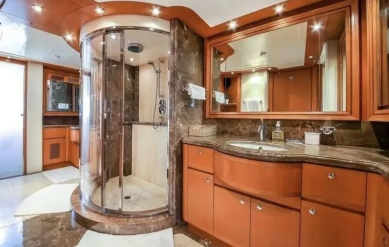 a large shower in a bathroom aboard ARIELA Yacht for Sale