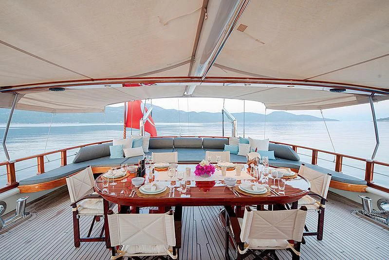 a tent with tables and chairs aboard COBRA KING Yacht for Sale