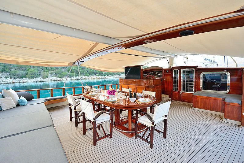 a table and chairs on a boat aboard COBRA KING Yacht for Sale