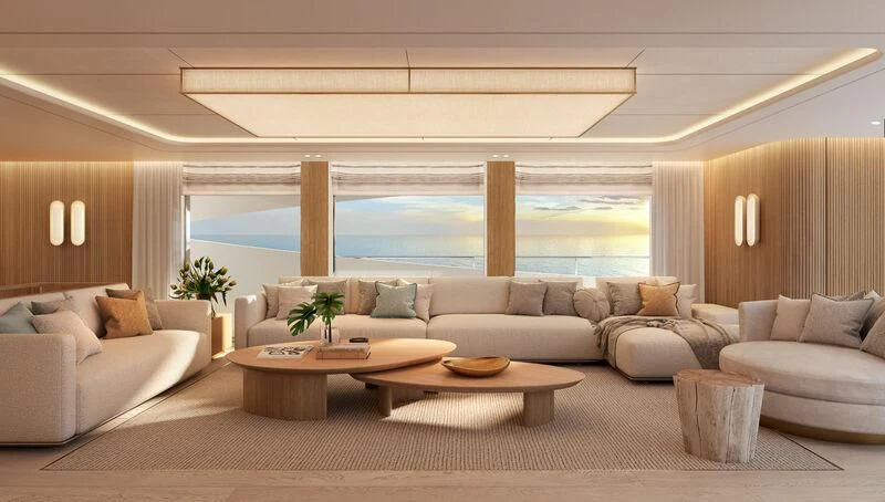 a living room with a large patio aboard SEAWOLF X Yacht for Sale