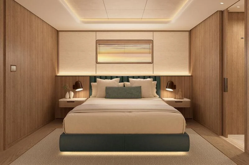 a bed in a room aboard SEAWOLF X Yacht for Sale