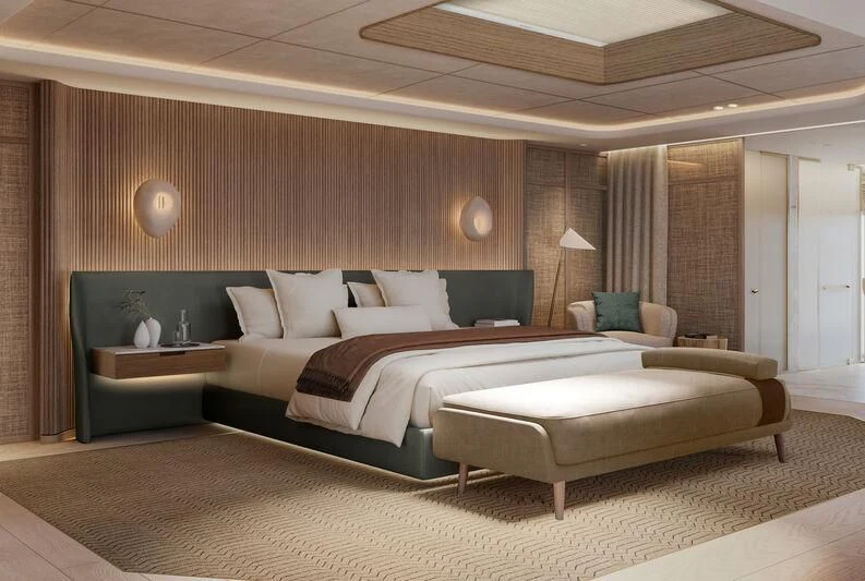 a large hotel room with a bed aboard SEAWOLF X Yacht for Sale