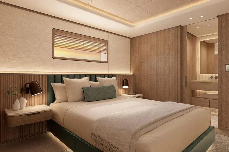 a room with a bed and a mirror aboard SEAWOLF X Yacht for Sale