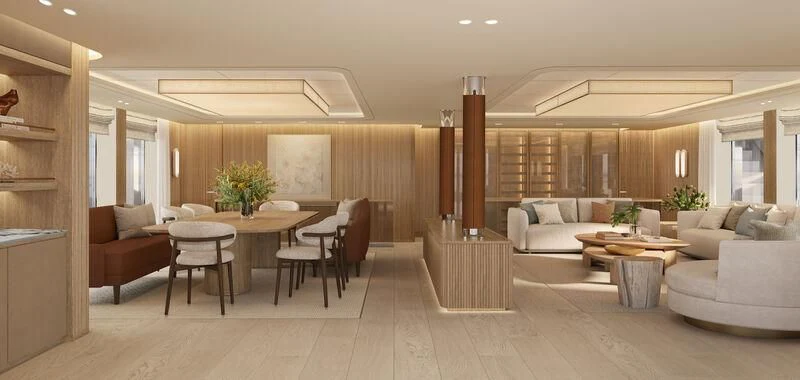 a large living room with a table and chairs aboard SEAWOLF X Yacht for Sale