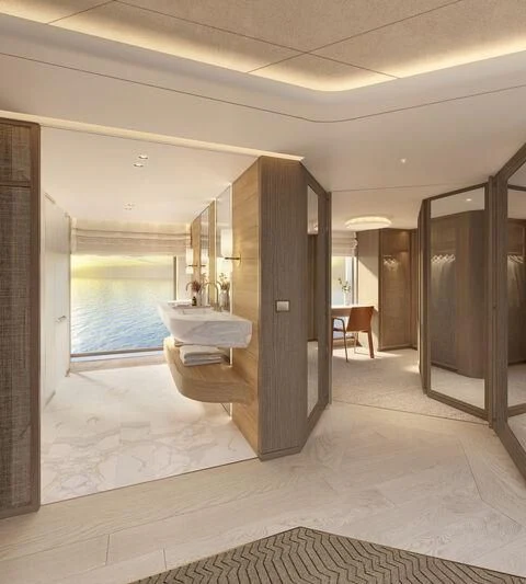 a bathroom with a large glass shower aboard SEAWOLF X Yacht for Sale