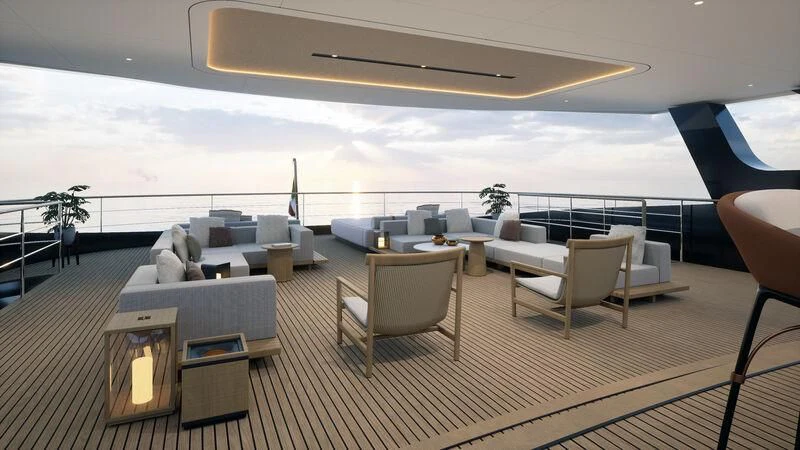 a large room with chairs and tables aboard SEAWOLF X Yacht for Sale