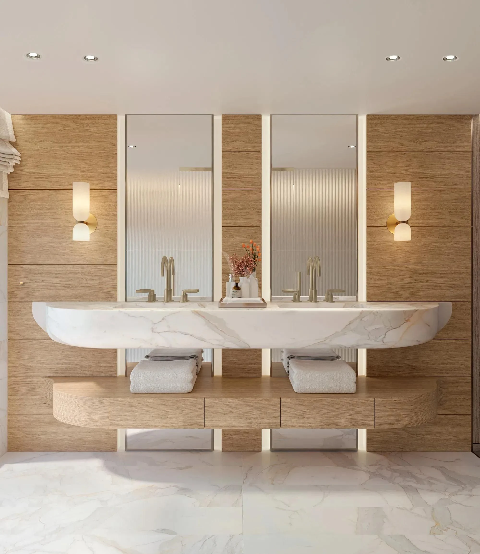 a modern bathroom with a large mirror aboard SEAWOLF X Yacht for Sale