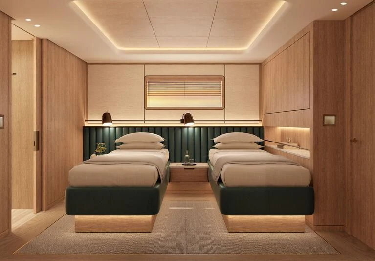 a room with a bed and a desk aboard SEAWOLF X Yacht for Sale