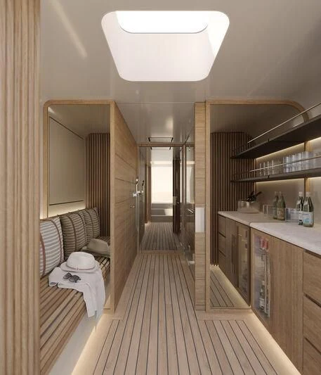 a bathroom with a large mirror aboard SEAWOLF X Yacht for Sale