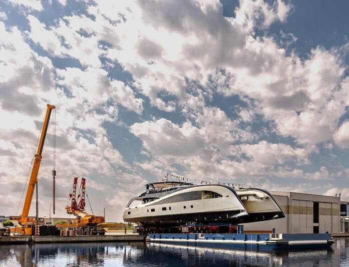 a boat docked at a pier aboard SEAWOLF X Yacht for Sale