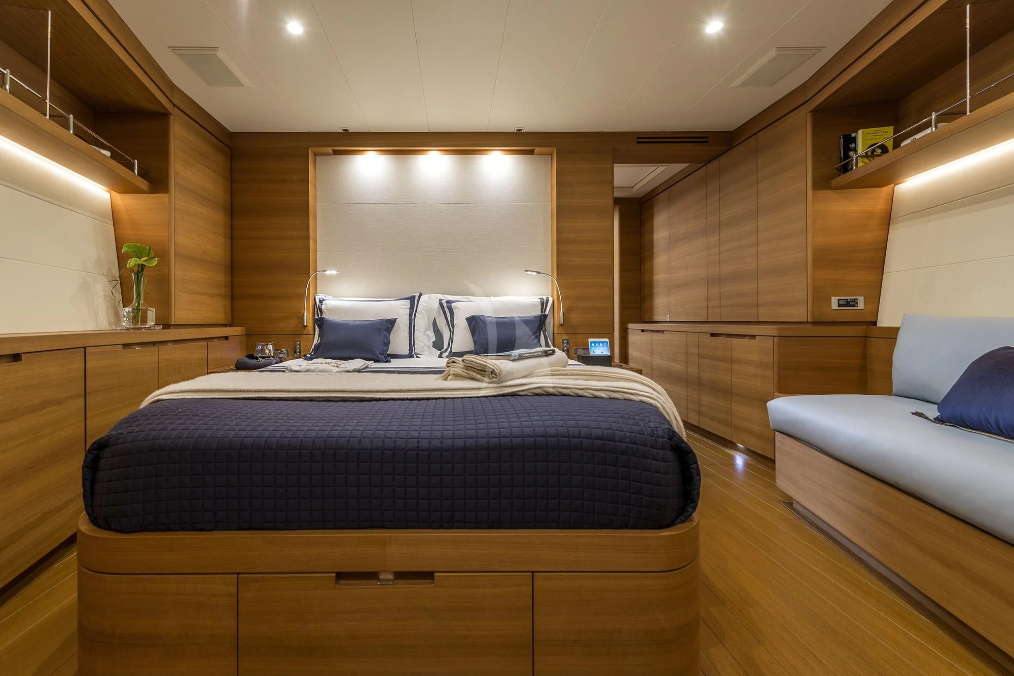 a bed in a room aboard FARFALLA Yacht for Sale