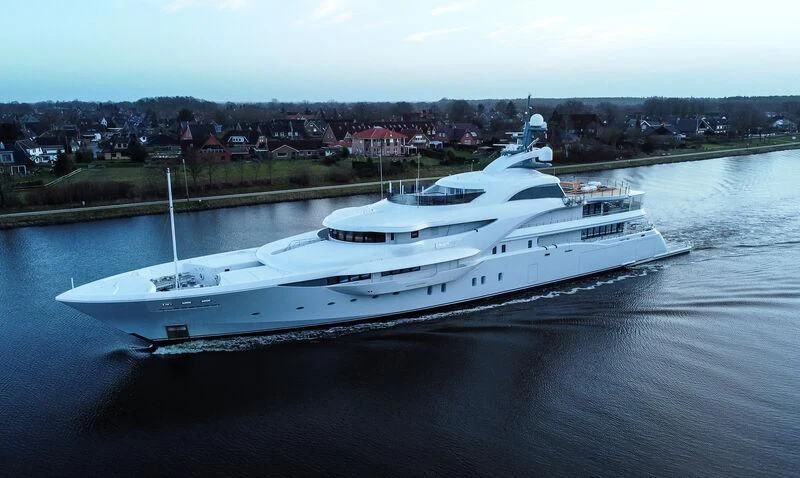 a white yacht in the water aboard KOSATKA Yacht for Sale