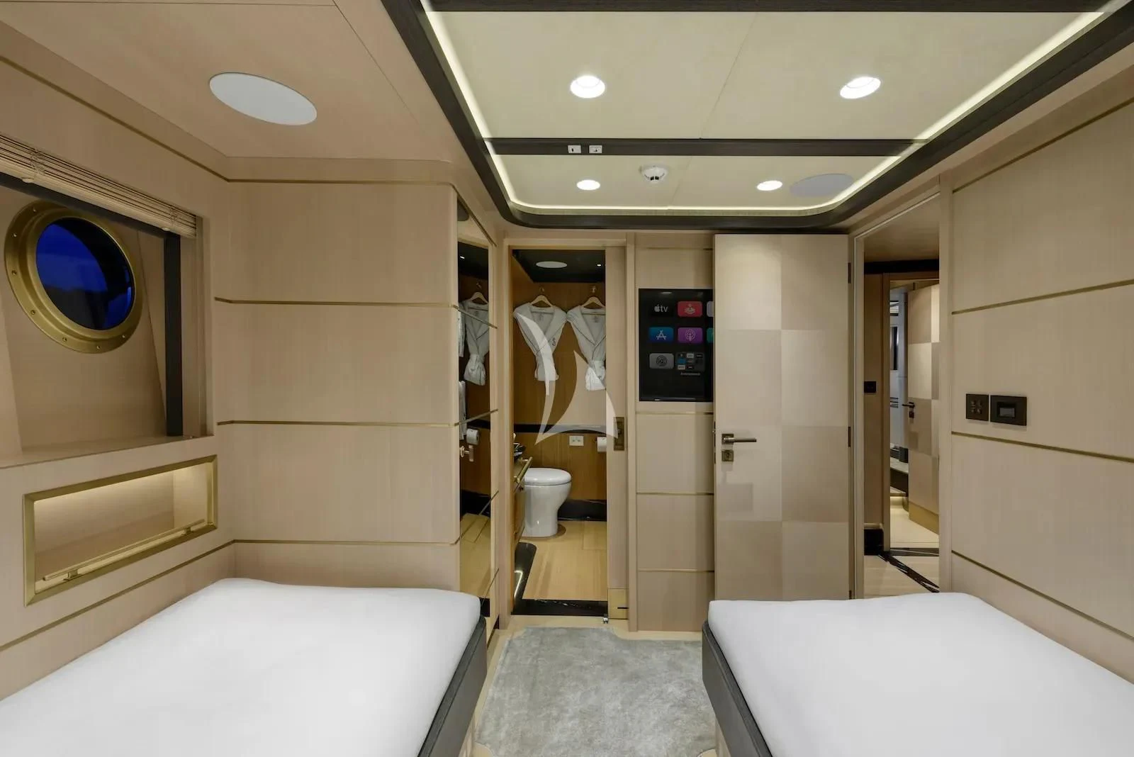 a bathroom with a bed and a mirror aboard SALLYNA Yacht for Sale