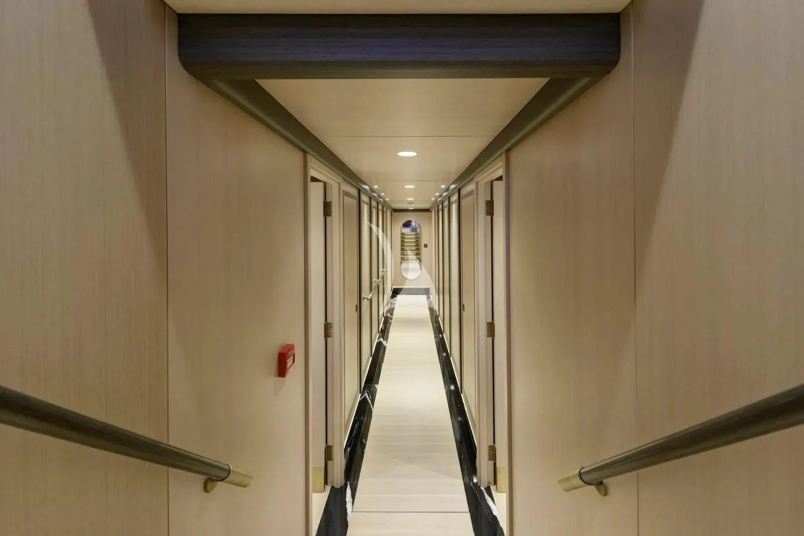 a hallway with metal railings aboard SALLYNA Yacht for Sale
