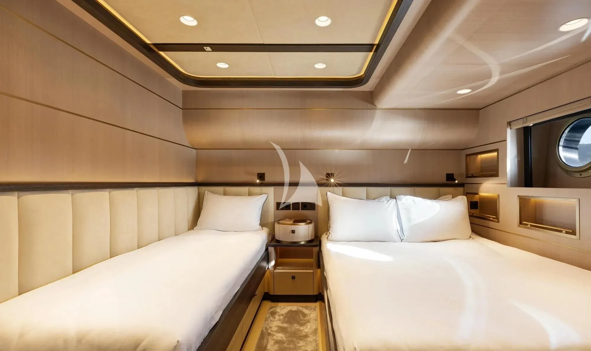 a room with two beds aboard SALLYNA Yacht for Sale