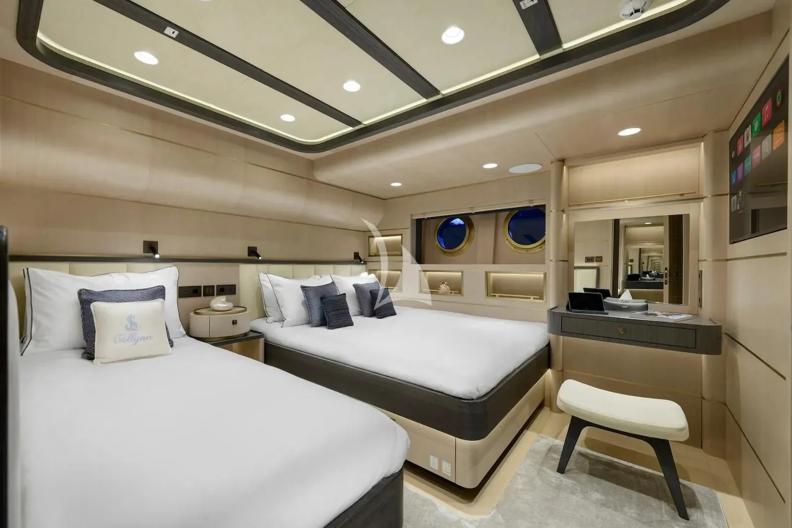 a room with two beds aboard SALLYNA Yacht for Sale