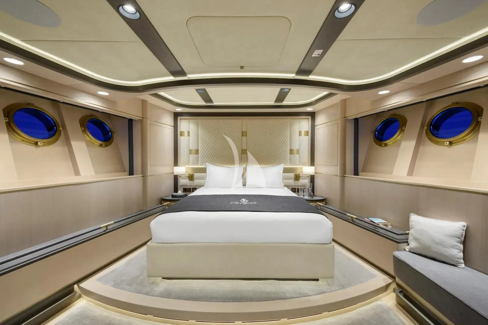 a large white bed in a room aboard SALLYNA Yacht for Sale
