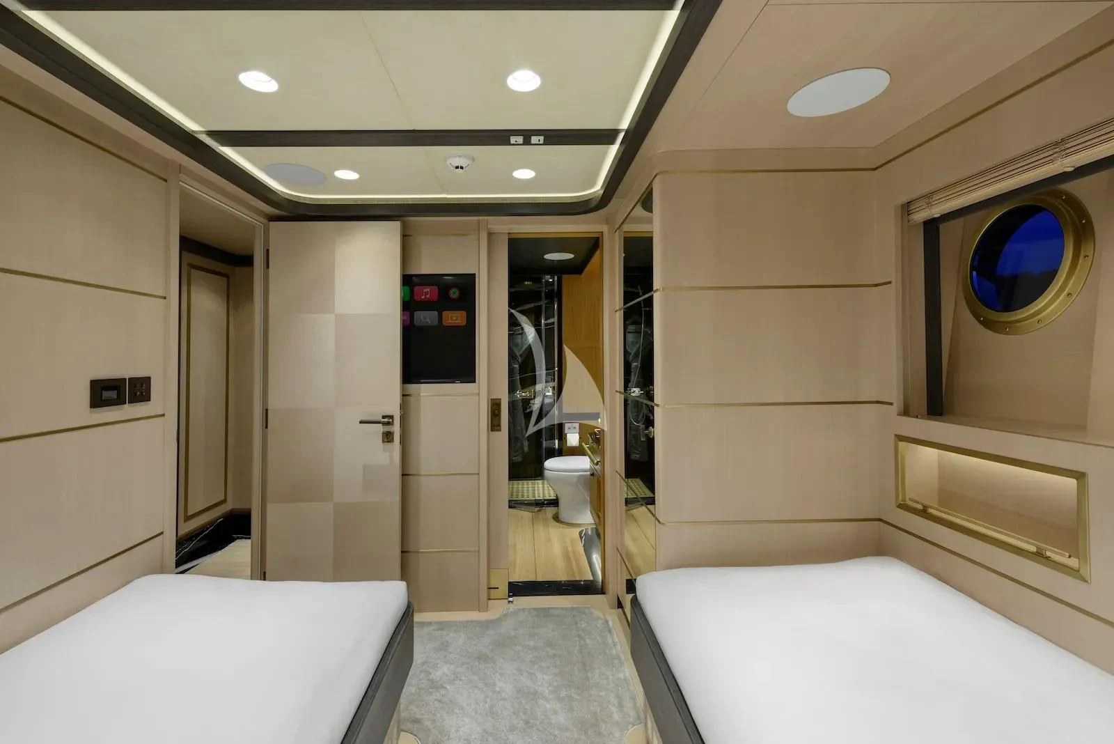 a bathroom with a bed and a mirror aboard SALLYNA Yacht for Sale