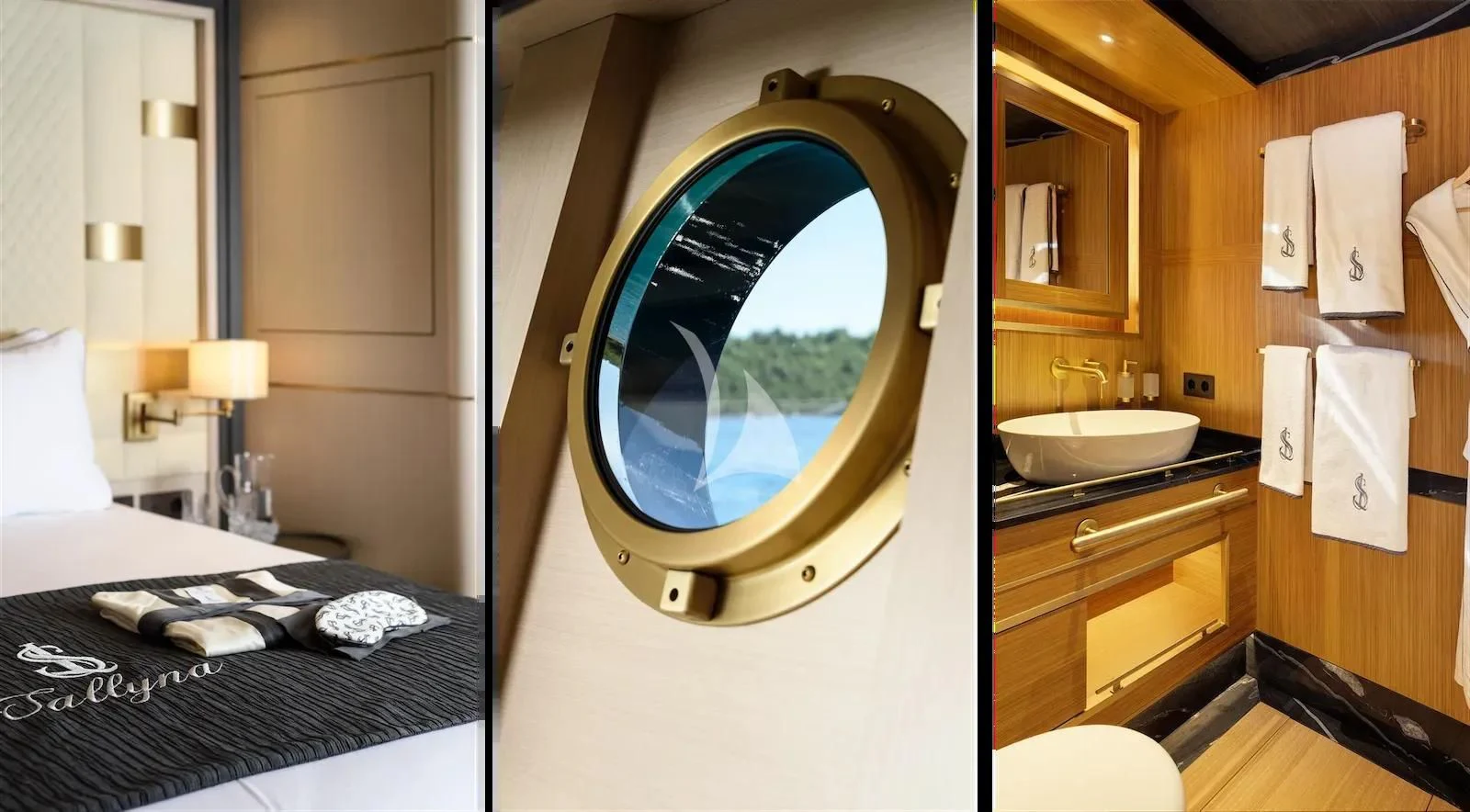 a bathroom with a large round mirror aboard SALLYNA Yacht for Sale