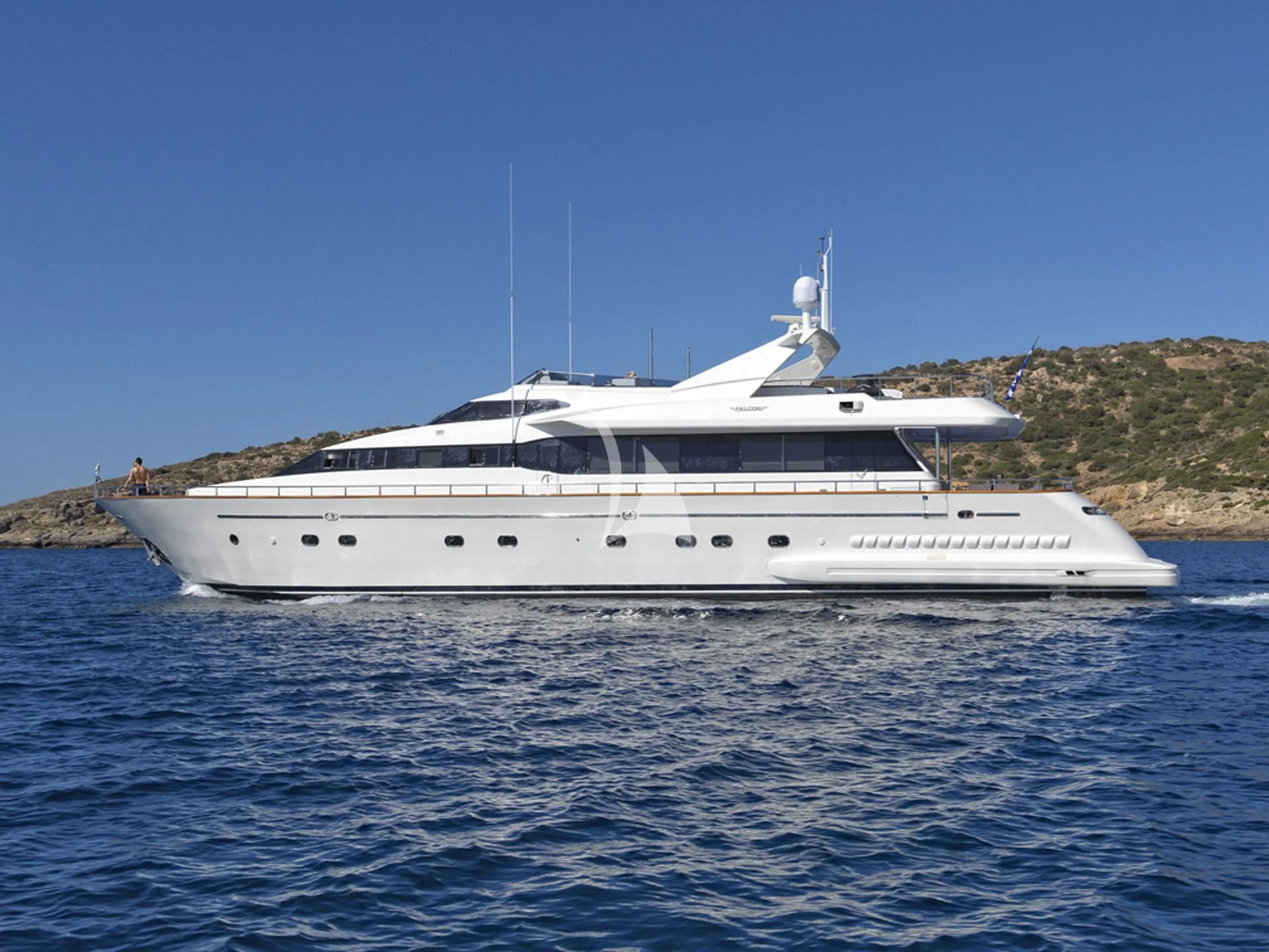 a white yacht in the water aboard MANTRA Yacht for Sale