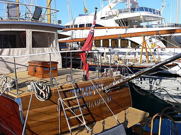 a boat docked at a pier aboard TEMPEST WS Yacht for Charter
