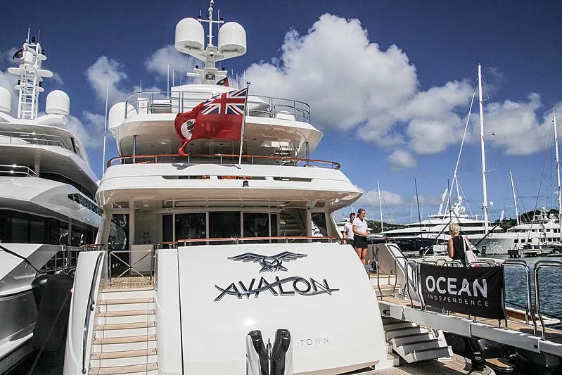 a boat docked at a pier aboard AVALON Yacht for Sale