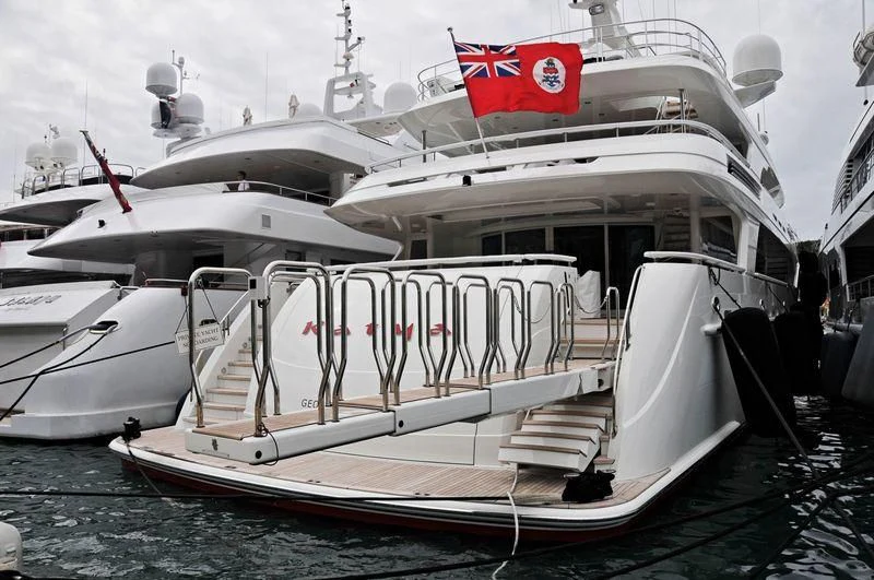 a boat docked at a pier aboard AVALON Yacht for Sale