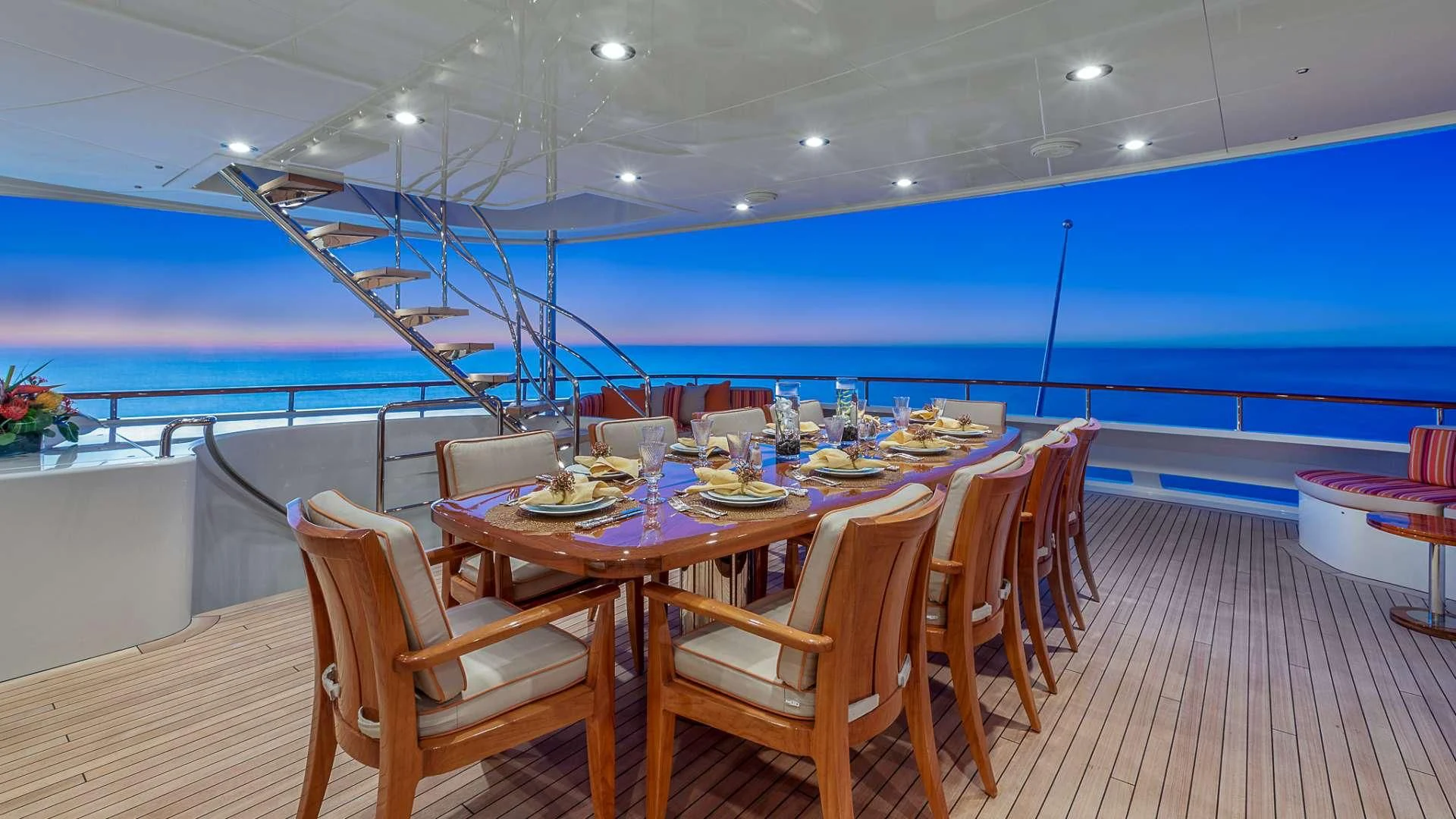 a table set for a meal aboard AVALON Yacht for Sale