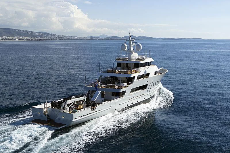 a large ship in the water aboard MASQUENADA Yacht for Sale