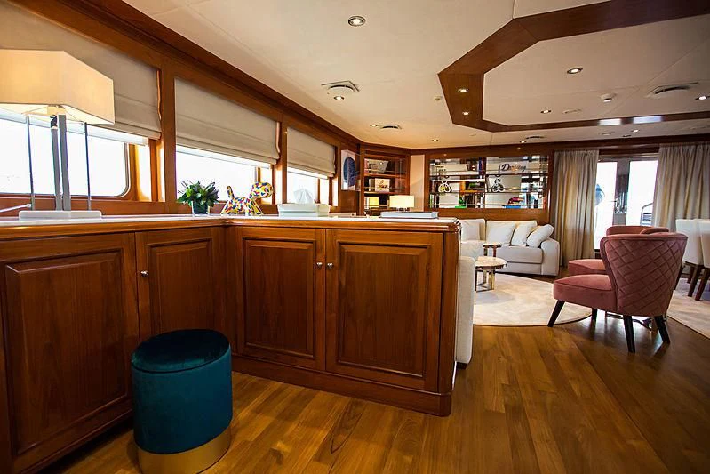 a kitchen with a blue bucket aboard MASQUENADA Yacht for Sale