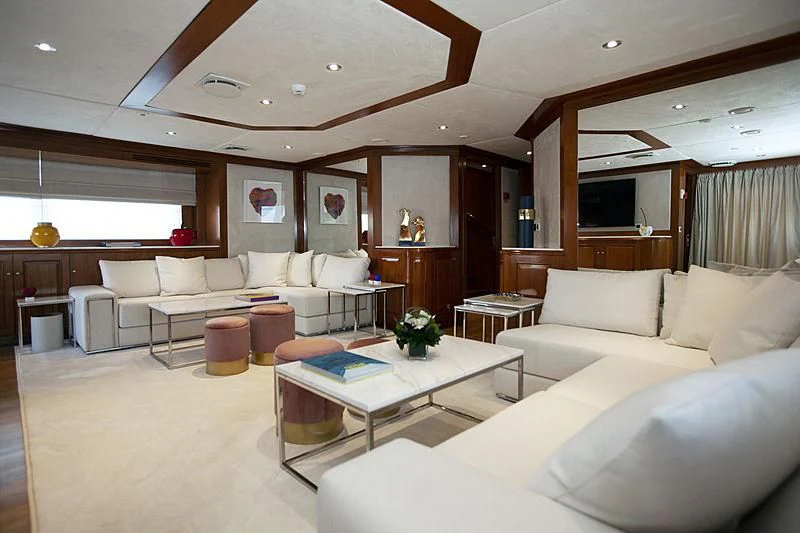 a living room with a large open floor plan aboard MASQUENADA Yacht for Sale