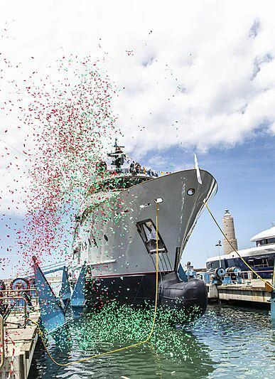 a large boat with pink smoke coming out of it aboard MASQUENADA Yacht for Sale