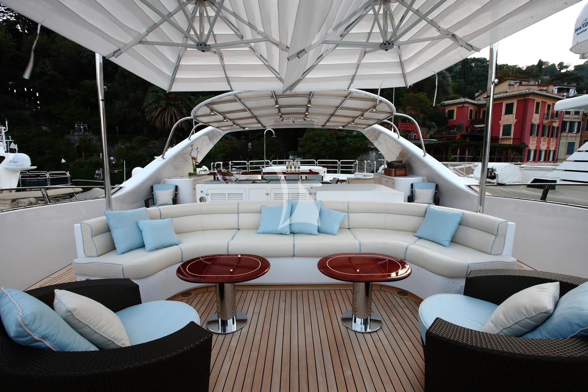 a large tent with a table and chairs on it aboard EVERBLUE Yacht for Sale