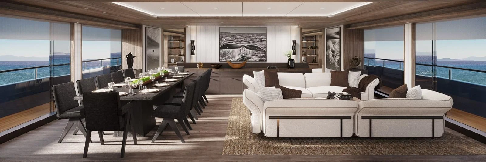 a large room with a table and chairs aboard LES CINQ Yacht for Sale