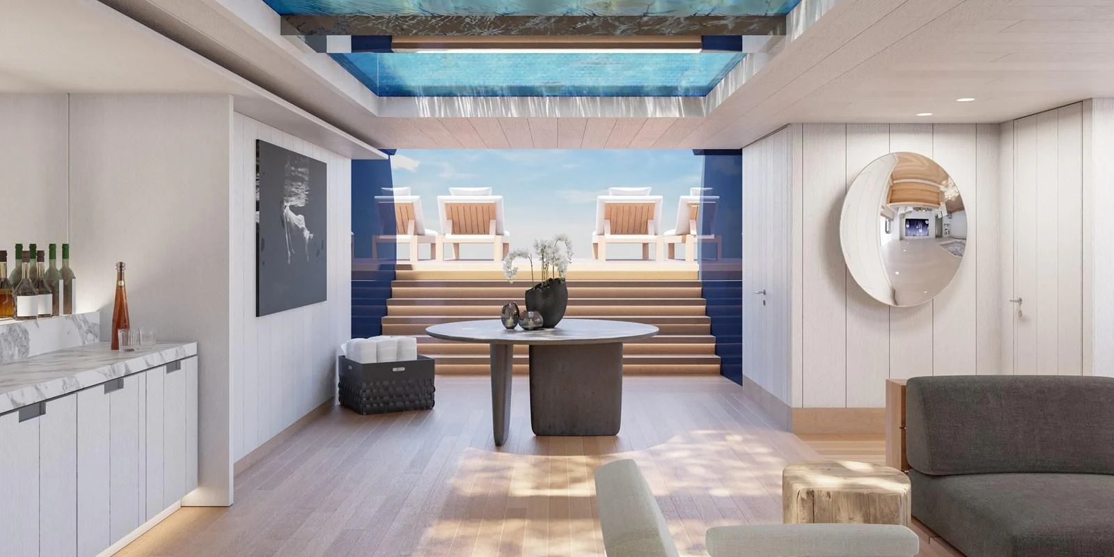 a room with a couch and a table and chairs aboard LES CINQ Yacht for Sale