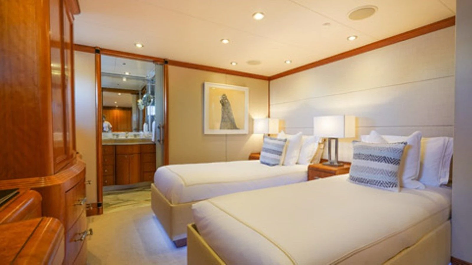 a room with two beds aboard SEA CLASS Yacht for Sale