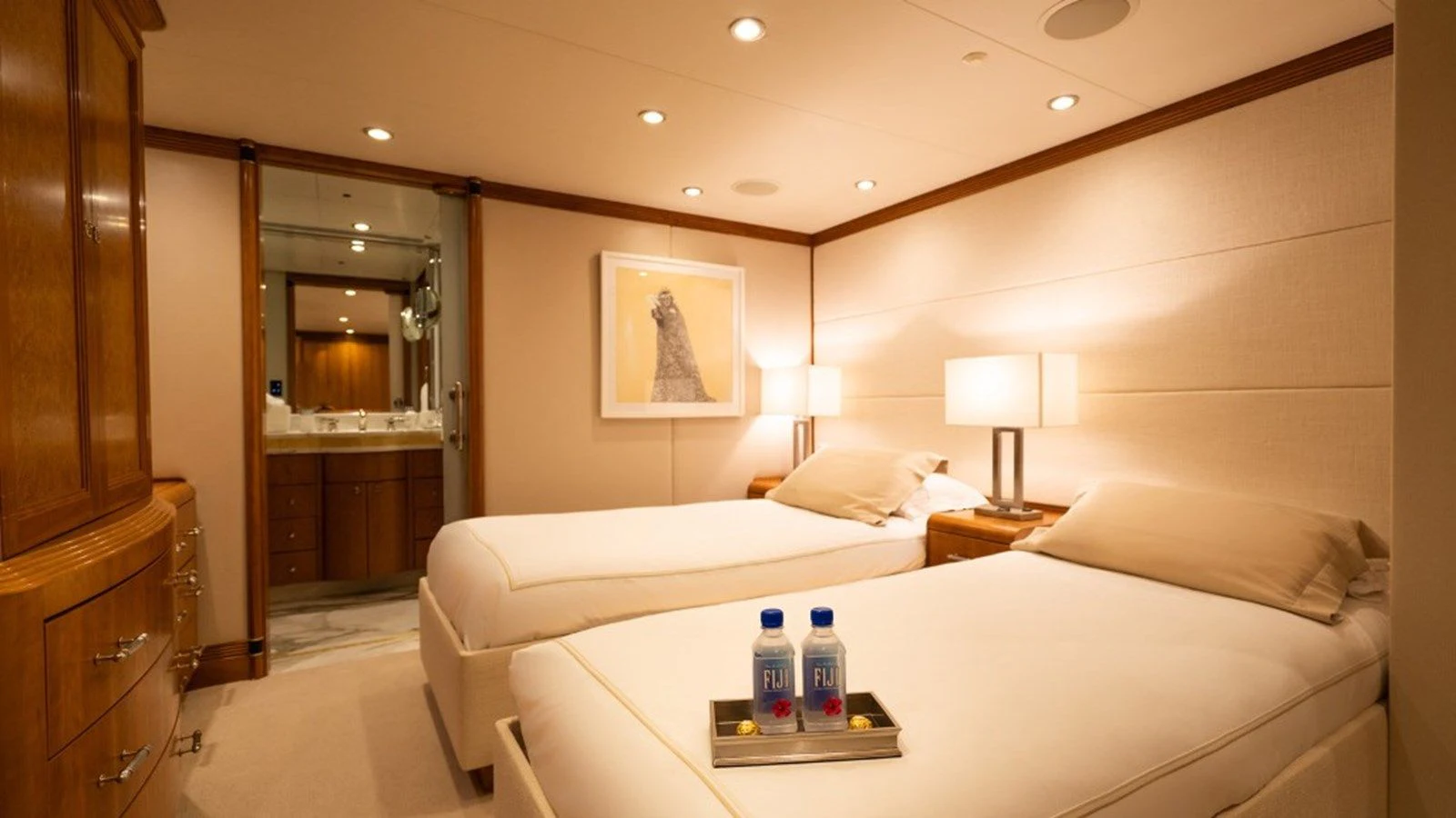 a hotel room with two beds aboard SEA CLASS Yacht for Sale