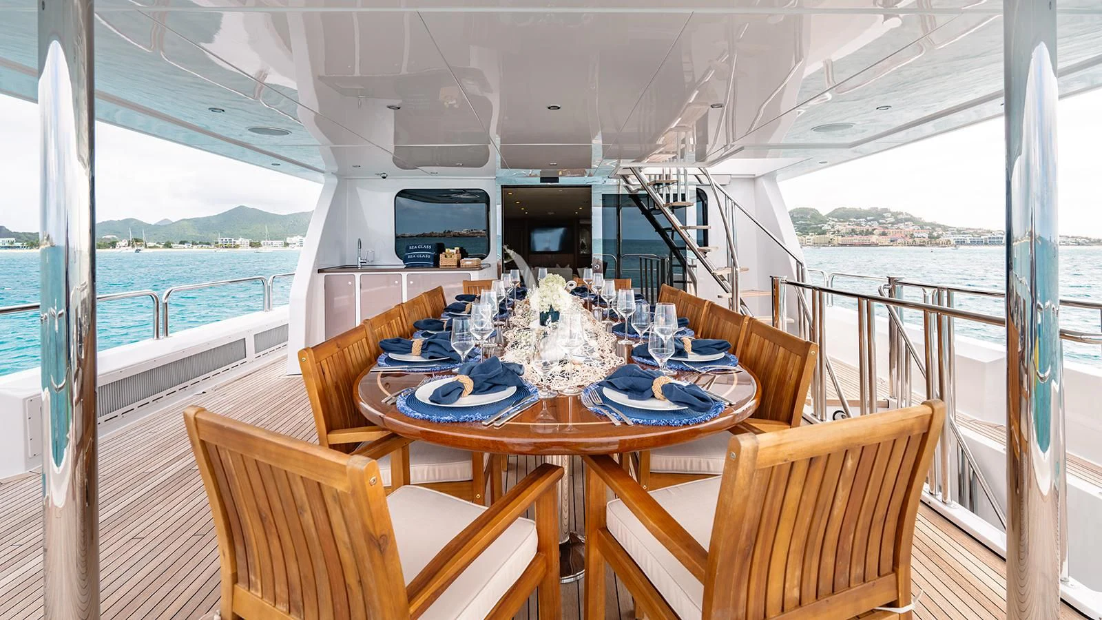 a dining table on a boat aboard SEA CLASS Yacht for Sale