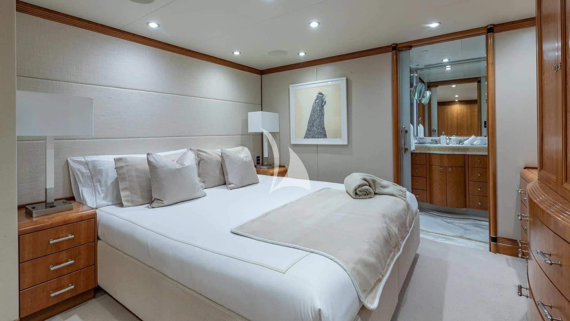 a bed in a room aboard SEA CLASS Yacht for Sale