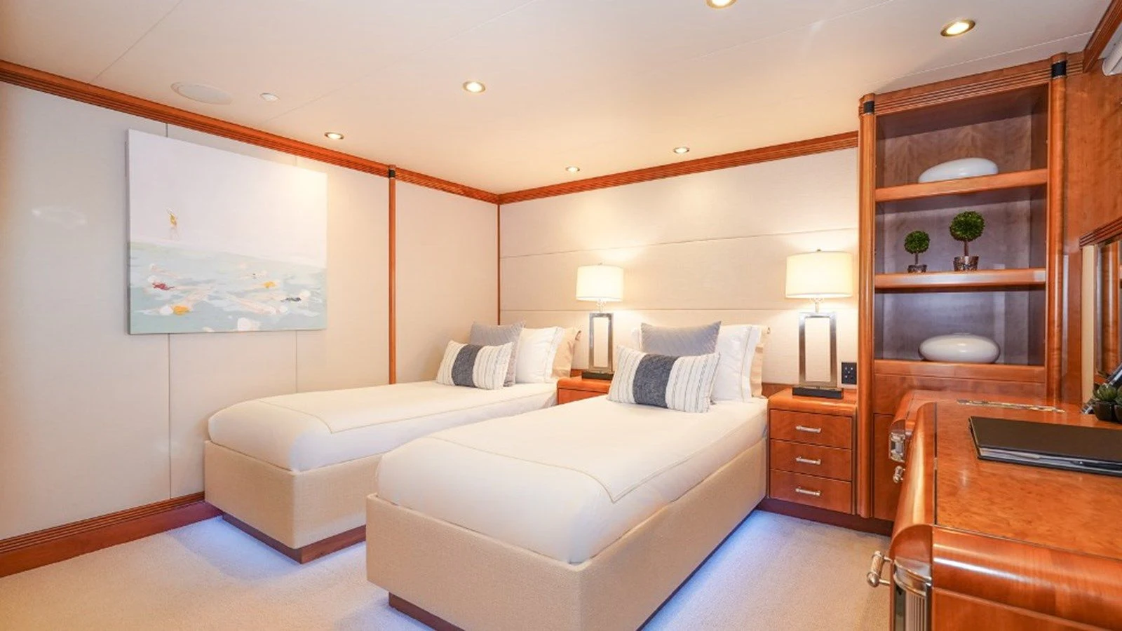 a room with a bed and a desk aboard SEA CLASS Yacht for Sale